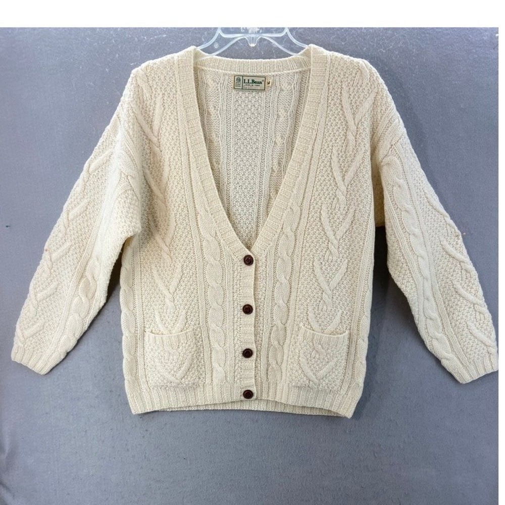 Vintage LL Bean Cardigan Womens Sz M Chunky Cable Knit Irish Aran Fisherman